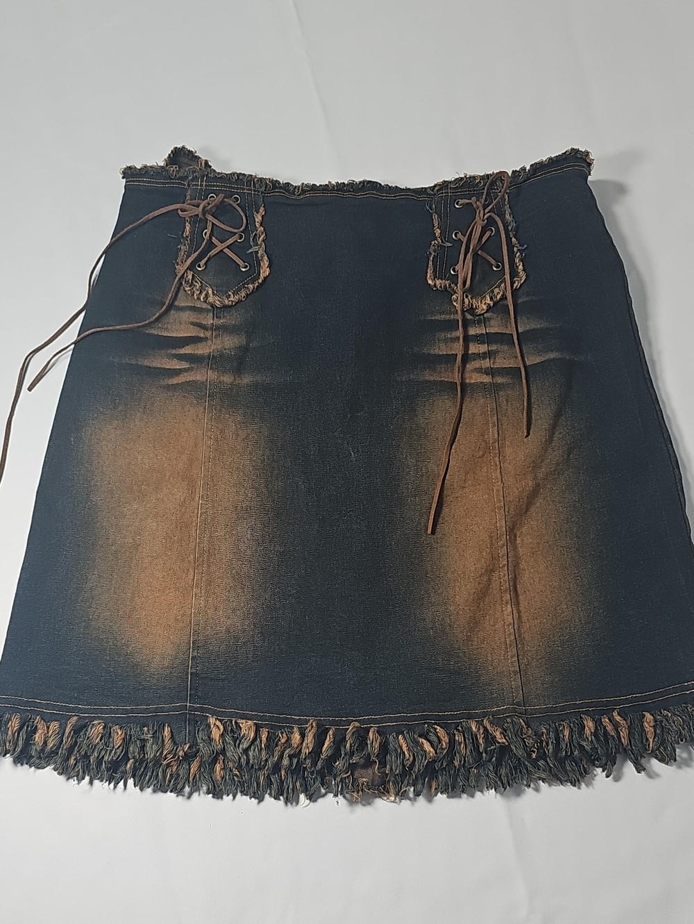 Vintage MOA U.S.A. Y2K Tinted Denim Mini Skirt – Frayed Lace-Up Detail